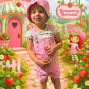 Tiffany is registered to the contest to win money with this photo: barefoot, cartoon_character, child, colorful, cute, fantasy_background, flowers, garden, greenery, hat, illustration, nature, outdoor, path, pink_clothing, playful, smiling, strawberry, summer, toddler