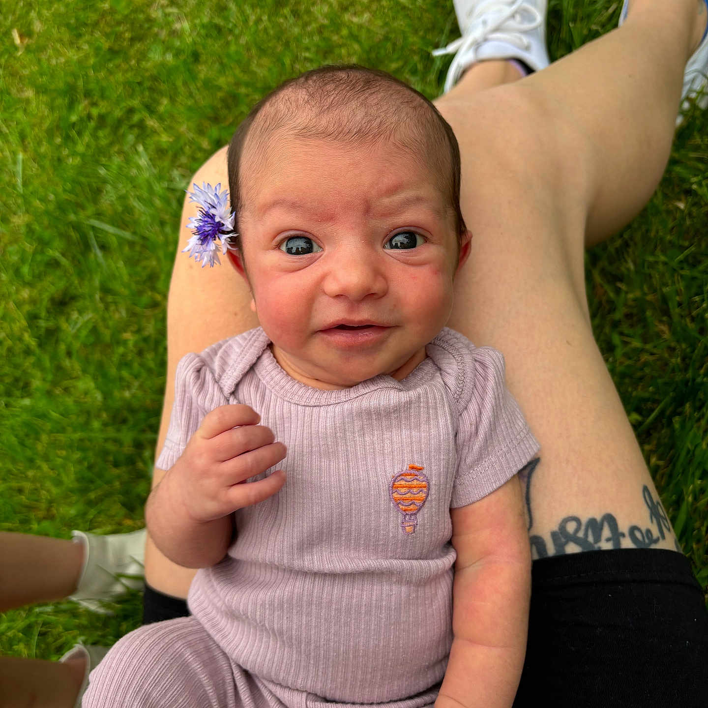 Alora is registered to the contest to win money with this photo: baby, bodypart, clothing, face, footwear, glove, grass, head, lawn, pants, person, photography, plant, portrait, shoe, shorts, skin, sneaker, t_shirt, tattoo