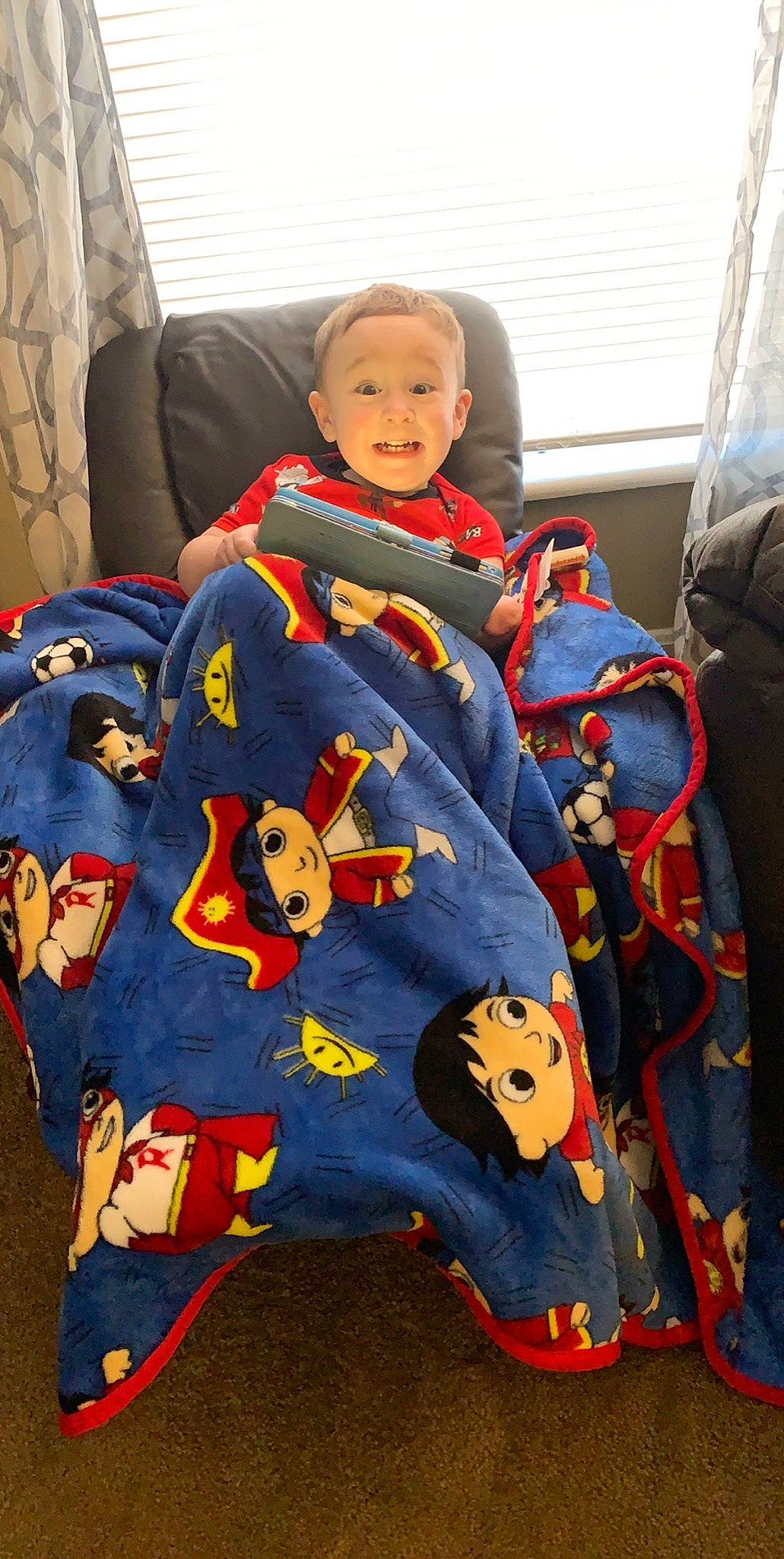 Lincoln is registered to the contest to win money with this photo: baby_products, child, denim, fictional_character, linens, person, play, textile, toddler