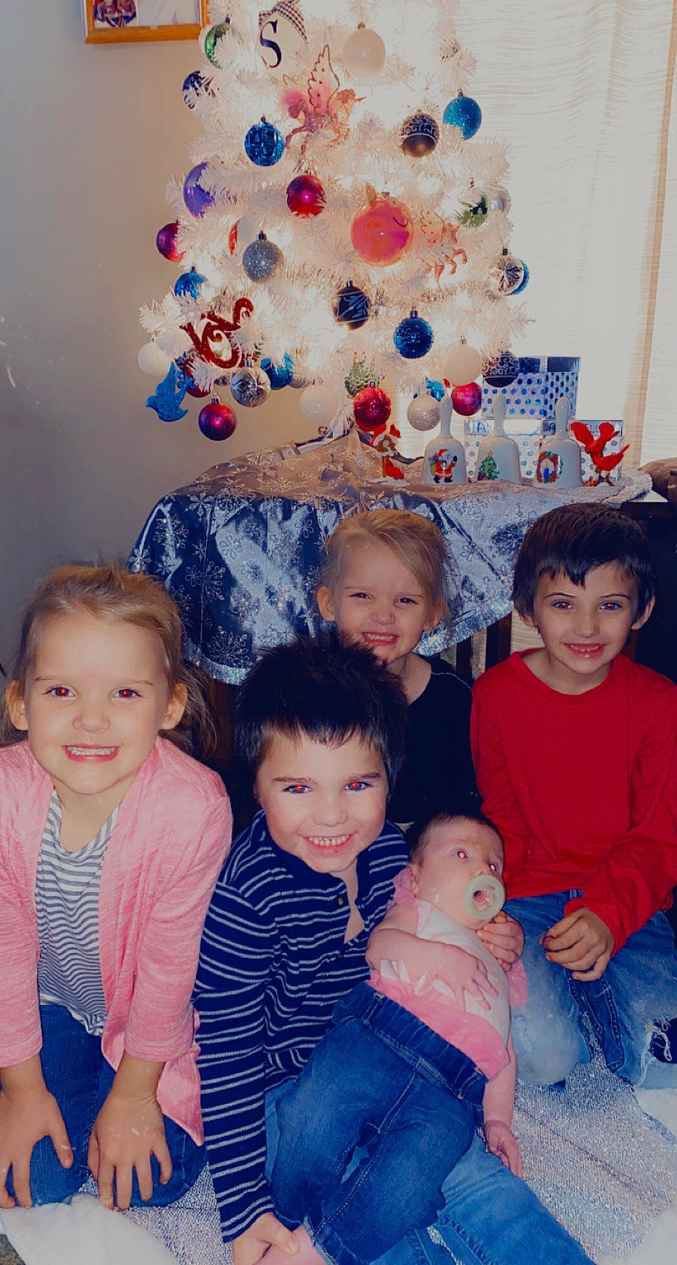 Dallas joined the competition — help win amazing prizes! blue, christmas_ornament, face, facial_expression, fun, happy, human, jeans, joy, lap, people, person, photograph, red, sharing, skin, smile, social_group, standing, t_shirt