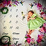 baby, sleeping, green_dress, floral_blanket, flowers, numbers, milestone, hummingbird, peaceful, newborn, infant, cute, portrait, laying_down, decorative, blanket, pink_flowers, headband, small_baby, soft