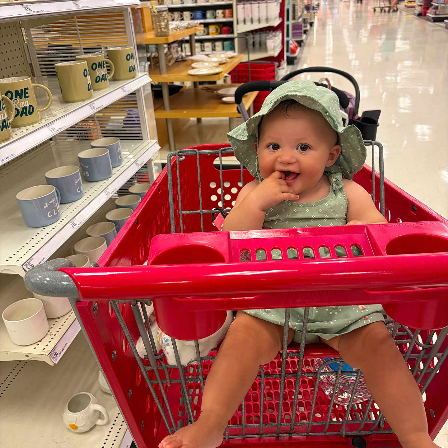 Chanel Leigh joined the competition — help win amazing prizes! baby, shopping_cart, store, aisle, mugs, dishes, green_hat, green_outfit, smiling, child, indoor, retail, floor, sitting, footwear, hand, finger_in_mouth, red_cart, person, happy