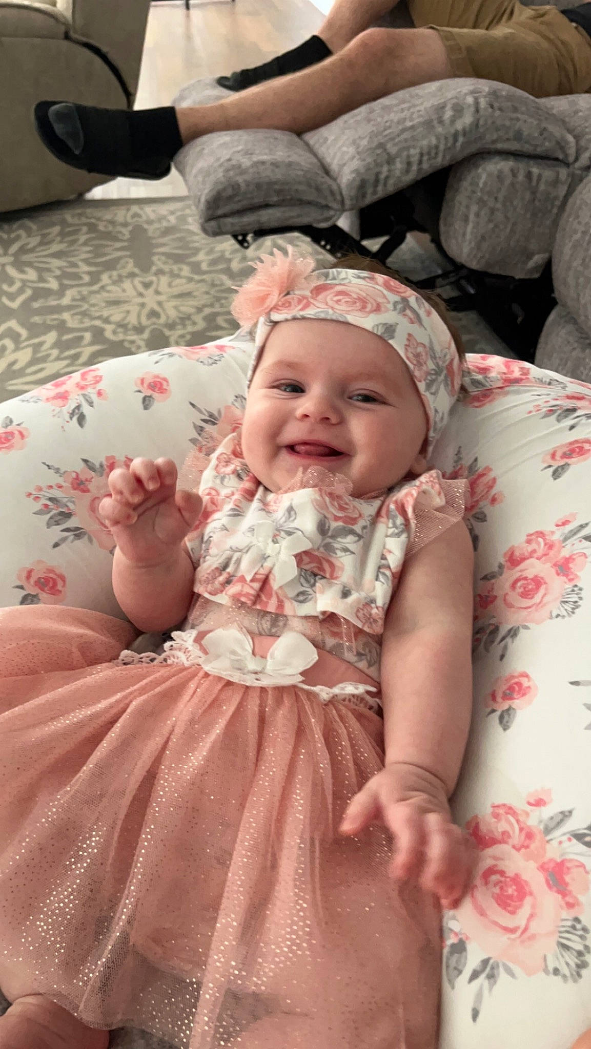 Kinlee joined the competition — help win amazing prizes! baby, baby_toddler_clothing, child, comfort, day_dress, dress, embellishment, event, face, happy, headwear, joy, linens, magenta, pattern, peach, person, pink, sitting, skin