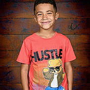 Derrick joined the competition — help win amazing prizes! child, boy, smiling, tshirt, graphic_tshirt, bear, sunglasses, wooden_background, portrait, casual, standing, short_hair, happy, fashion, clothing, indoor, person, cute, youth, colorful