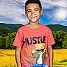 Derrick joined the competition — help win amazing prizes! boy, child, smile, tshirt, cartoon_bear, outdoor, field, grass, mountain, sky, clouds, greenery, portrait, standing, casual_clothing, happy, sunlight, nature, youth, summer
