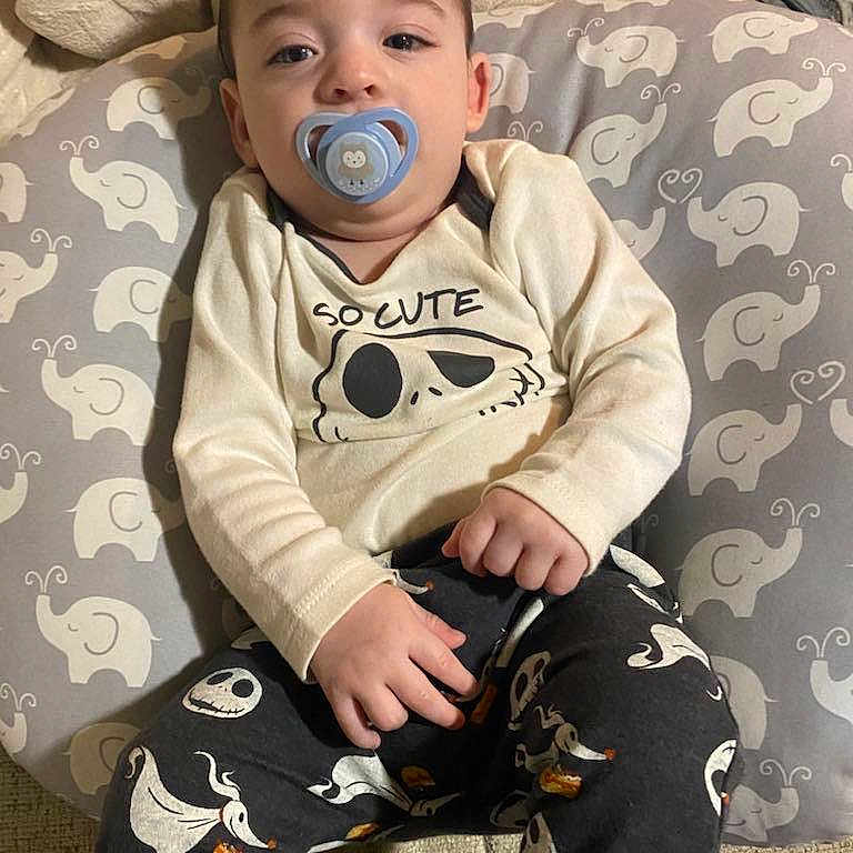 Daemon joined the competition — help win amazing prizes! baby, babylaughing, clothing, face, happy, head, pants, person, sitting, sleeve, yawning
