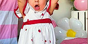 Amanda joined the competition — help win amazing prizes! child, toddler, dress, strawberry_pattern, balloon, party, celebration, indoor, pink, red, white, plant, table, tablecloth, flower_balloon, curtain, smiling, happy, face, hands_up