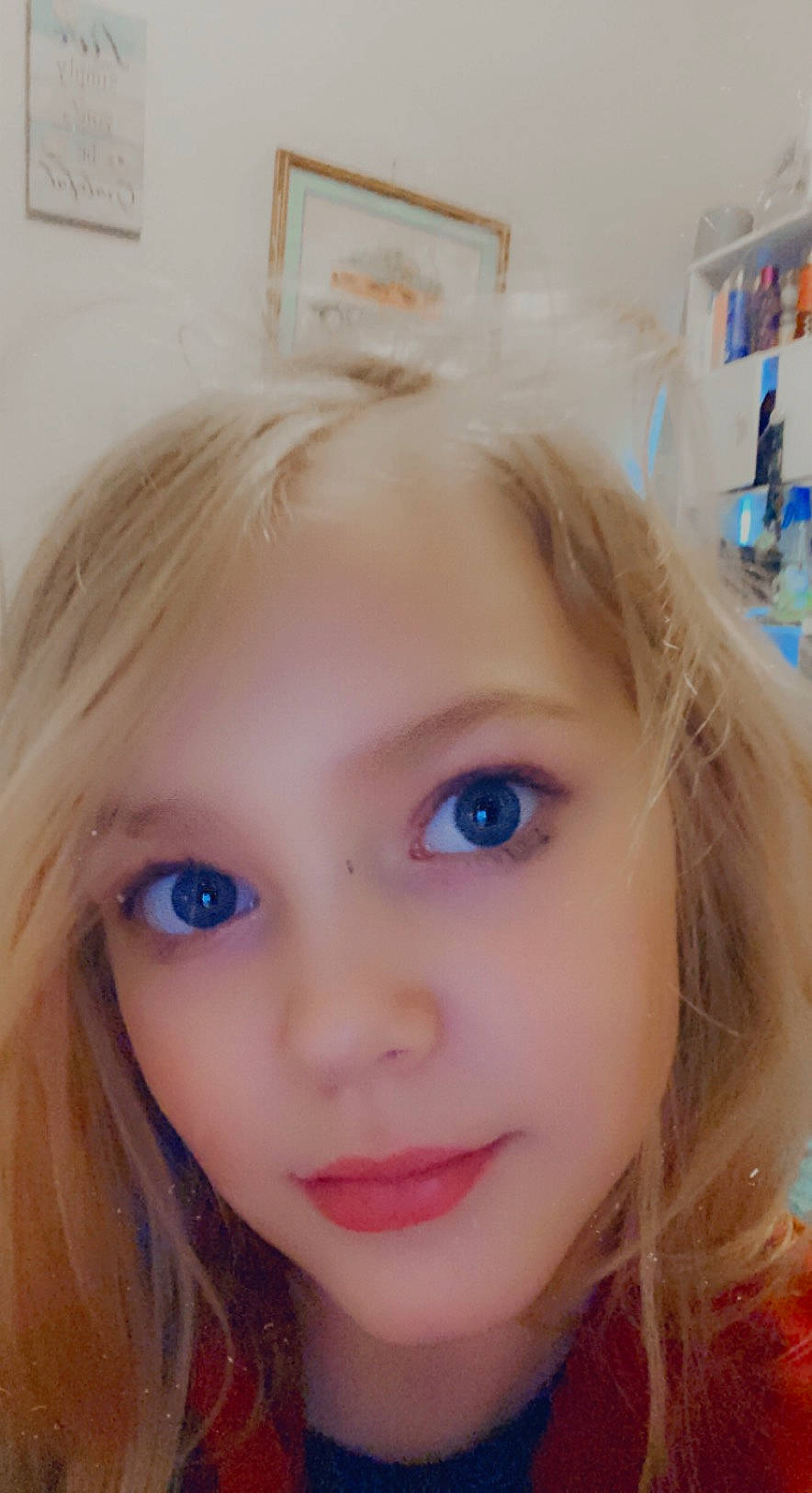 Talyah is registered to the contest to win money with this photo: bangs, blond, cheek, chin, electric_blue, eyebrow, eyelash, forehead, hair, iris, jaw, layered_hair, lip, lipstick, long_hair, makeover, nose, person, shelf, skin