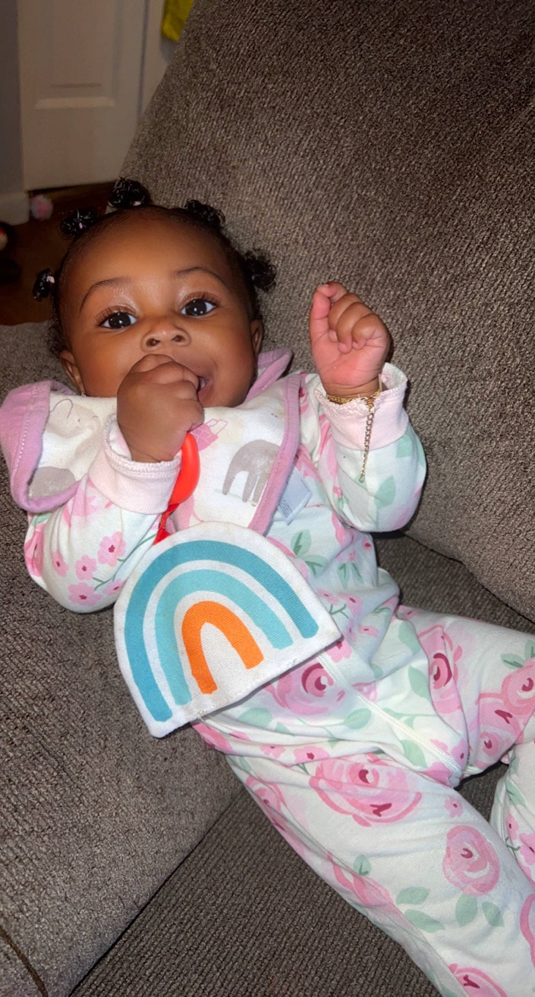 Aliyah joined the competition — help win amazing prizes! baby, baby_toddler_clothing, cheek, comfort, eye, facial_expression, finger, hand, happy, head, human_body, leg, linens, mouth, nose, person, pink, skin, sleeve, textile