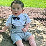 toddler, child, boy, outdoor, grass, rock, sitting, clothing, white_shirt, bow_tie, suspenders, barefoot, face, curious, sunlight, nature, summer, portrait, cute, casual