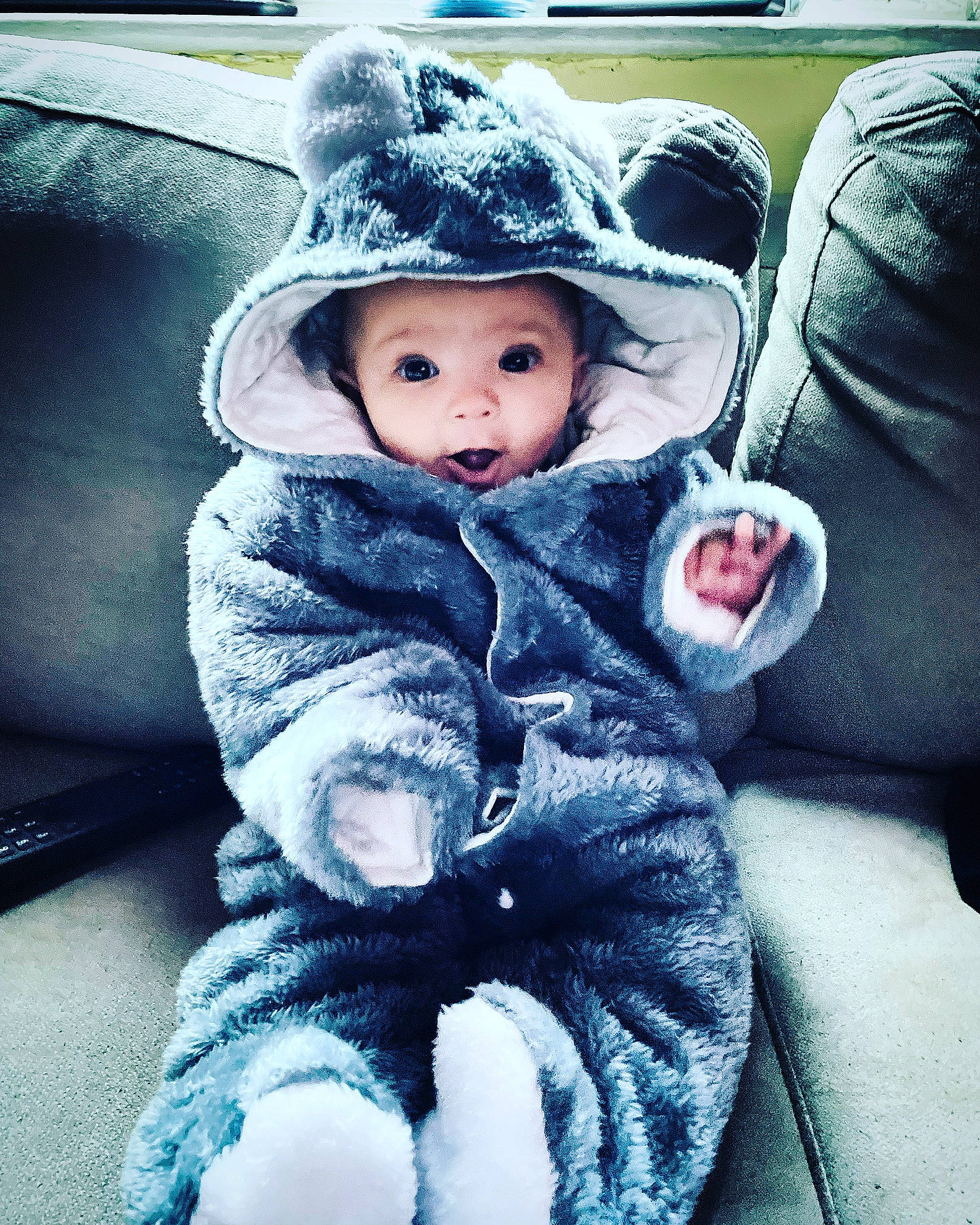Aurora is registered to the contest to win money with this photo: baby_toddler_clothing, cap, cheek, comfort, eye, face, fur_clothing, headgear, headwear, human_body, iris, lip, mammal, mouth, nose, organ, person, photograph, skin, sleeve