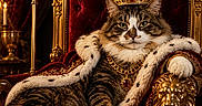 Duke is registered to the contest to win money with this photo: animal, cat, chain_necklace, crown, decor, feline, gold, indoor, jewelry, lion_sculpture, luxury, majestic, ornate, pet, portrait, red_velvet, regal, royal_cape, tabby_cat, throne
