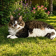 Duke is registered to the contest to win money with this photo: animal, backyard, cat, colorful, daylight, feline, flowers, fluffy, garden, grass, greenery, leafy, lying_down, nature, outdoor, peaceful, pet, relaxed, summer, sunlight