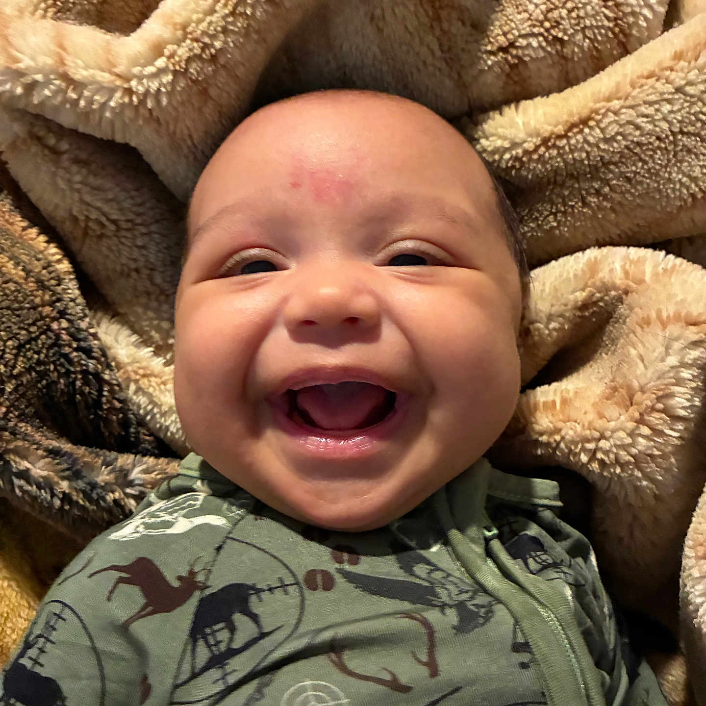 Kenneth joined the competition — help win amazing prizes! animal_print, baby, blanket, child, closeup, clothing, comfortable, cozy, cute, expression, face, fleece, green_outfit, happy, indoors, infant, portrait, smiling, soft_texture, warm