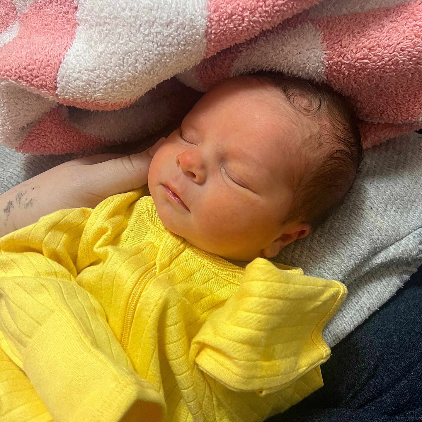 Deegan joined the competition — help win amazing prizes! baby, blanket, closeup, cozy, cute, face, hand, indoor, infant, newborn, peaceful, person, pink, portrait, resting, sleeping, soft_texture, toddler, white, yellow_clothing