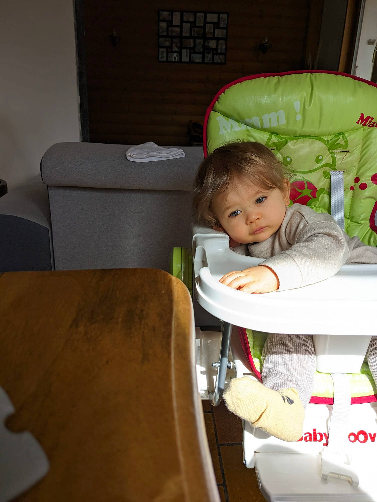 Malone participe au concours pour gagner de l'argent avec cette photo : baby, baby_toddler_clothing, carmine, chair, child, comfort, couch, flooring, fun, hardwood, living_room, person, play, room, sitting, standing, table, toddler, wood