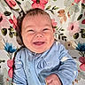 Anne joined the competition — help win amazing prizes! baby, blue_clothing, cheerful, child, cute, expression, face, fist, floral_blanket, happy, head, indoors, infant, lying_down, onesie, person, portrait, skin, smiling, young