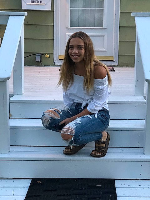 Rachele joined the competition — help win amazing prizes! denim, footwear, hair, jeans, joy, leg, long_hair, person, porch, shoe, sitting, t_shirt