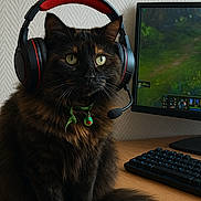 Oreo a rejoint le concours — aidez-le/la à gagner de superbes lots ! cat, tortoiseshell_cat, headset, gaming, computer, keyboard, monitor, desk, indoor, pet, fluffy, green_eyes, gaming_accessory, technology, cute, animal, feline, gamer, portrait, sitting