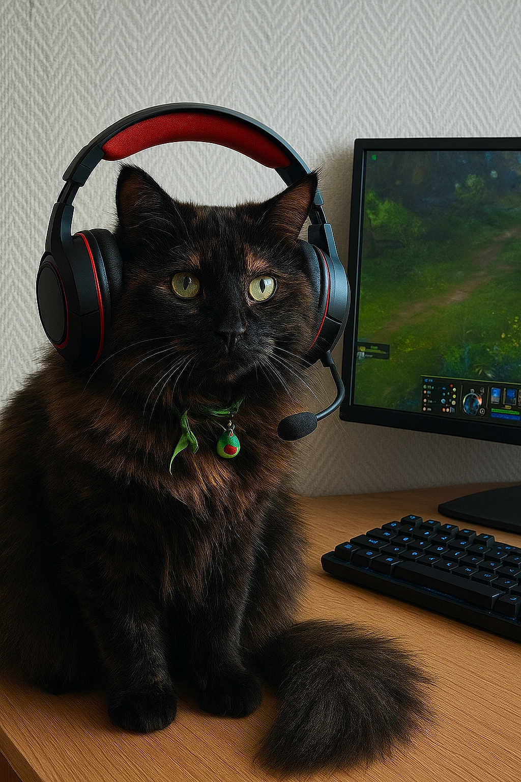 Oreo a rejoint le concours — aidez-le/la à gagner de superbes lots ! cat, tortoiseshell_cat, headset, gaming, computer, keyboard, monitor, desk, indoor, pet, fluffy, green_eyes, gaming_accessory, technology, cute, animal, feline, gamer, portrait, sitting