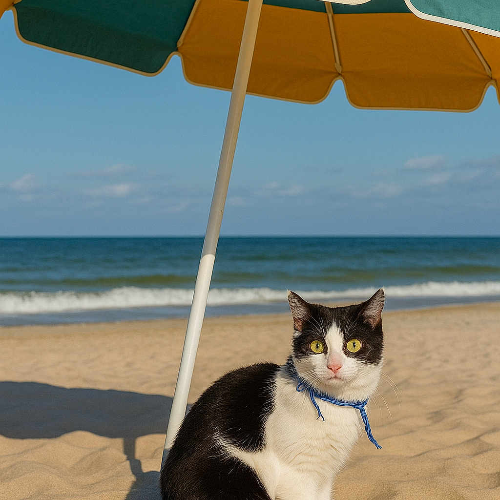 Pouple participe au concours pour gagner de l'argent avec cette photo : animal, beach, black_and_white, cat, collar, cute, feline, nature, ocean, outdoor, pet, sand, sitting, sky, summer, sunny, umbrella, vacation, waves, yellow_eyes