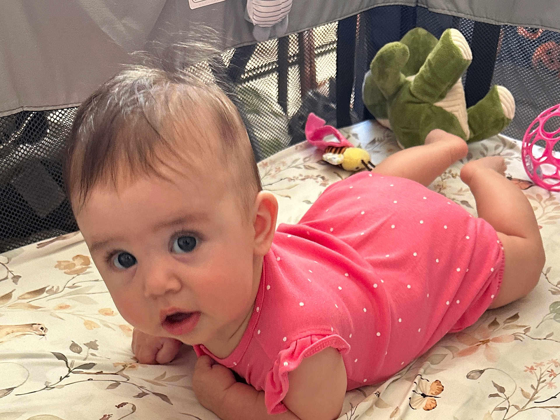 Cecilia is registered to the contest to win money with this photo: baby, infant, tummy_time, pink_onesie, polka_dots, toy, stuffed_animal, green_dinosaur, play_mat, floral_pattern, indoor, child, cute, curious, lying_down, face, wide_eyes, soft_lighting, home, colorful