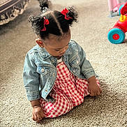 Aubree is registered to the contest to win money with this photo: bracelet, carpet, checkered_dress, child, clothing, curious, cute, denim_jacket, earrings, floor, girl, hair, indoor, living_room, pigtails, play, red_bows, sitting, toddler, toy