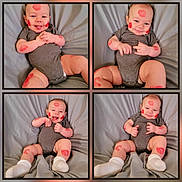 Weston is registered to the contest to win money with this photo: baby, infant, smiling, onesie, socks, blanket, collage, face_paint, lipstick_marks, cute, happy, child, skin, legs, arms, lying_down, indoor, portrait, toddler, expression