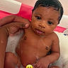 baby, child, bath, bubbles, water, hand, skin, smile, face, cute, infant, young, person, indoors, clean, wet, expression, holding, privacy, emoji