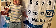 Theo is registered to the contest to win money with this photo: toddler, child, smiling, standing, barefoot, carpet, milestone_blanket, numbers, dogs, striped_shirt, shorts, indoor, happy, cute, young_child, wall, fabric, playful, portrait, home