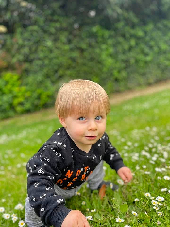 Gianni a rejoint le concours — aidez-le/la à gagner de superbes lots ! annual_plant, baby_toddler_clothing, botany, child, face, facial_expression, flower, garden, grass, grassland, groundcover, happy, head, lawn, leaf, meadow, people_in_nature, person, plant, sitting