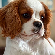 Vassili participe au concours pour gagner de l'argent avec cette photo : dog, puppy, cavalier_king_charles_spaniel, close_up, portrait, brown_and_white, fur, ears, nose, whiskers, animal, pet, cute, indoor, soft_light, young, mammal, companion, adorable, face