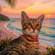 Bijou participe au concours pour gagner de l'argent avec cette photo : cat, tabby, pet, animal, collar, red_collar, beach, sunset, ocean, sea, tropical, palm_tree, palm_leaves, flowers, sand, rock, shoreline, waves, portrait, outdoors