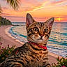 cat, tabby, pet, animal, collar, red_collar, beach, sunset, ocean, sea, tropical, palm_tree, palm_leaves, flowers, sand, rock, shoreline, waves, portrait, outdoors