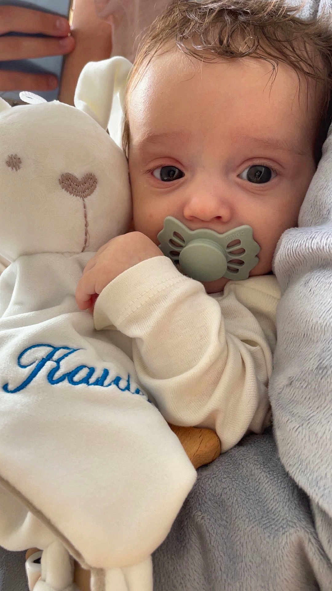 Kaïden participe au concours pour gagner de l'argent avec cette photo : baby, blanket, child, close_up, comfort, cozy, cuddly, cute, expression, face, hand, indoors, infant, pacifier, plush_toy, portrait, sleepwear, snuggling, soft_toy, young