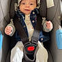 Kaïden a rejoint le concours — aidez-le/la à gagner de superbes lots ! baby, baby_gear, car_seat, child, clothing, cute, denim_jacket, happy, headwear, hood, indoor, infant, infant_clothing, person, seatbelt, smile, soft_toy, straps, toy, white_pants