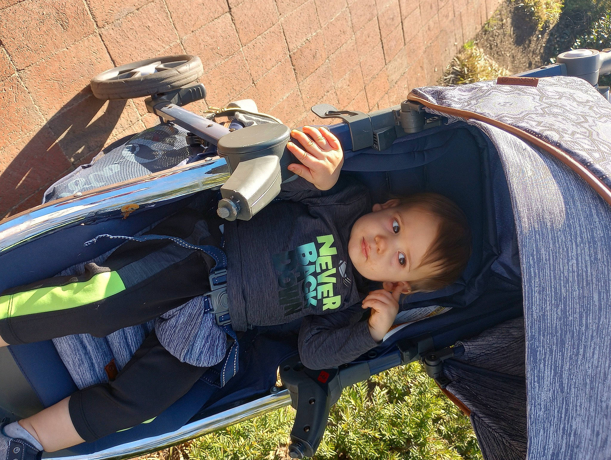 Michael is registered to the contest to win money with this photo: auto_part, automotive_exterior, baby_carriage, baby_products, bag, child, fun, grass, leisure, luggage_and_bags, motor_vehicle, person, personal_protective_equipment, plant, recreation, sitting, tints_and_shades, toddler, travel, tree