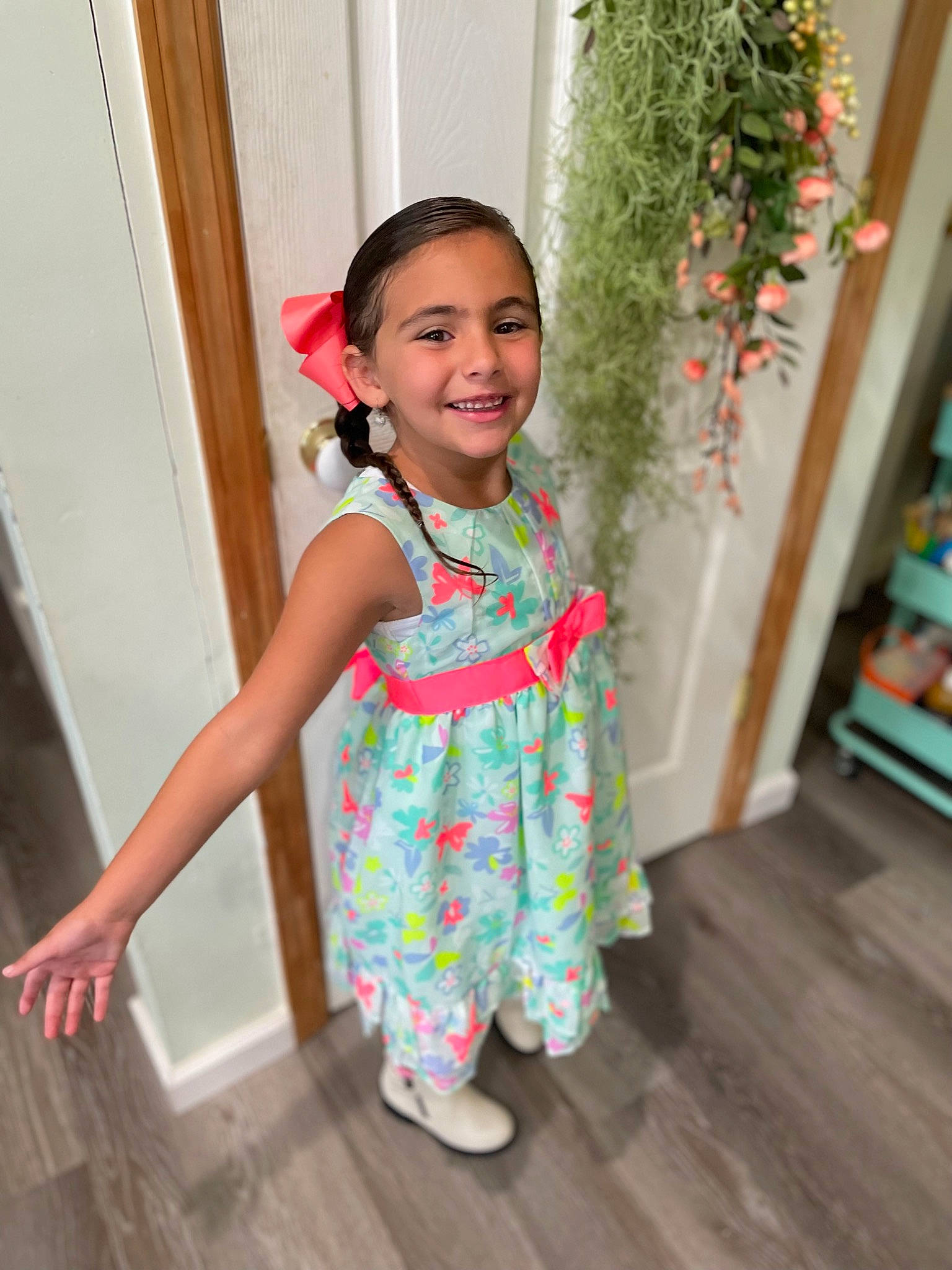 Valentina joined the competition — help win amazing prizes! baby_toddler_clothing, child, dress, event, fashion_design, flooring, fun, happy, head, joy, magenta, pattern, person, pink, plant, shelf, skin, sleeve, smile, standing