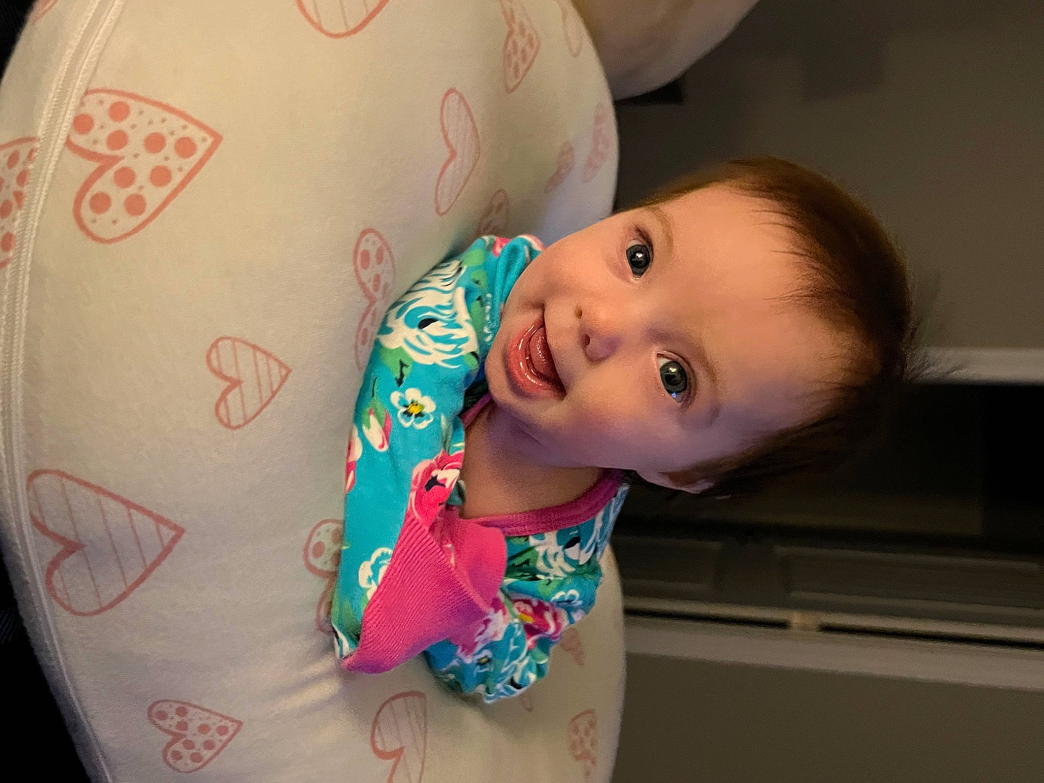 Eryn joined the competition — help win amazing prizes! baby, baby_toddler_clothing, cheek, child, fun, happy, head, home_appliance, lip, mouth, neck, nose, pattern, person, personal_protective_equipment, room, sitting, skin, smile, toddler