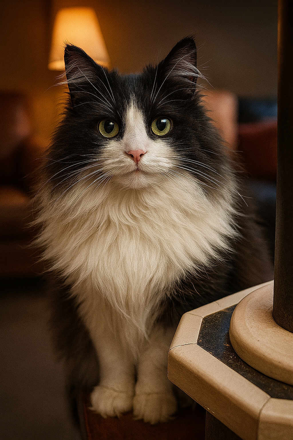 Boubou participe au concours pour gagner de l'argent avec cette photo : cat, long_hair, black_and_white, indoor, lamp, furniture, curious, pet, fluffy, close_up, portrait, whiskers, paws, cozy, household, animal, domestic, sitting, soft_light, eyes