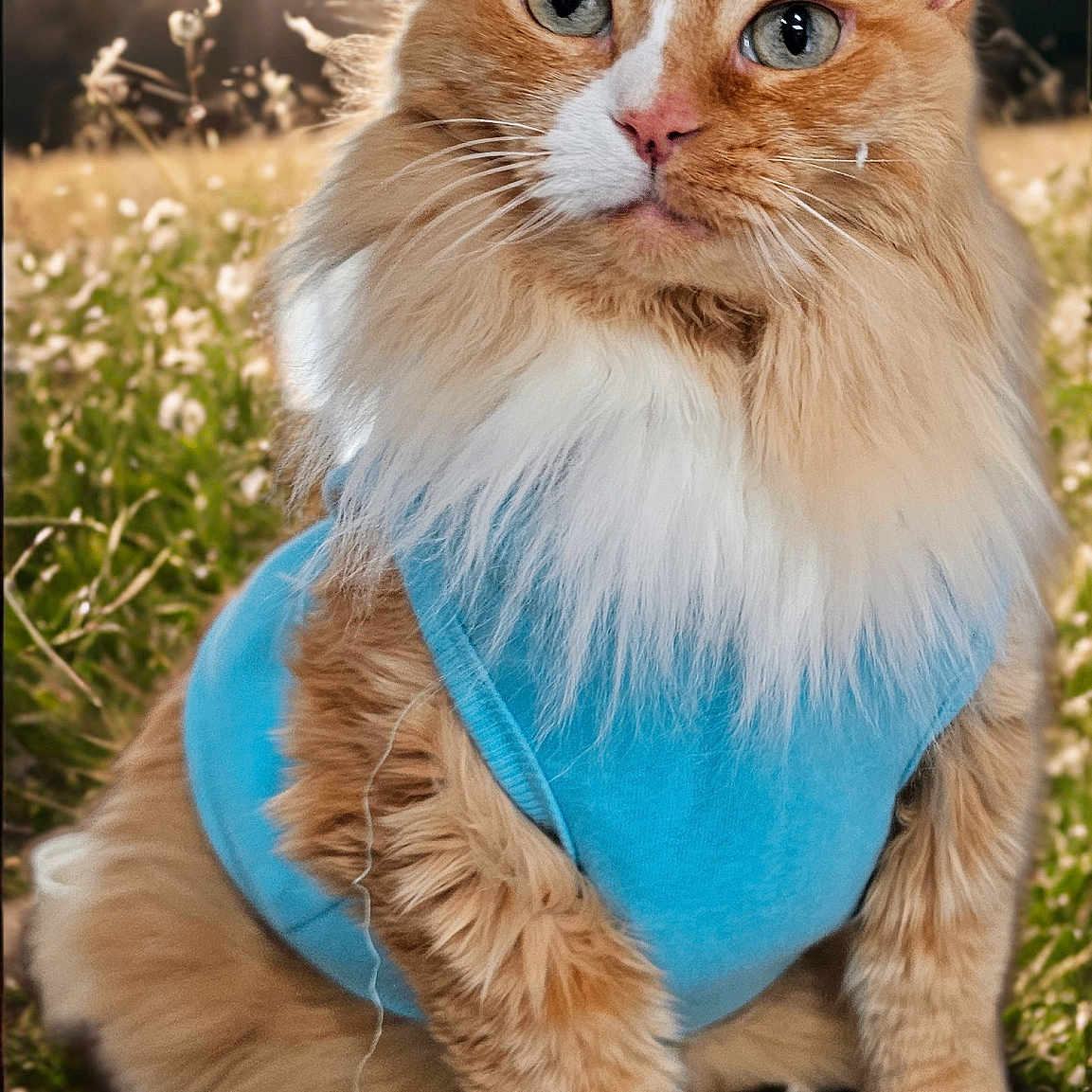 Carlos Santana joined the competition — help win amazing prizes! animal, background_blur, blue_shirt, cat, closeup, cute, daisies, daylight, fluffy, grass, meadow, nature, orange_cat, outdoor, pet, portrait, sitting, sunlight, tree, white_fur