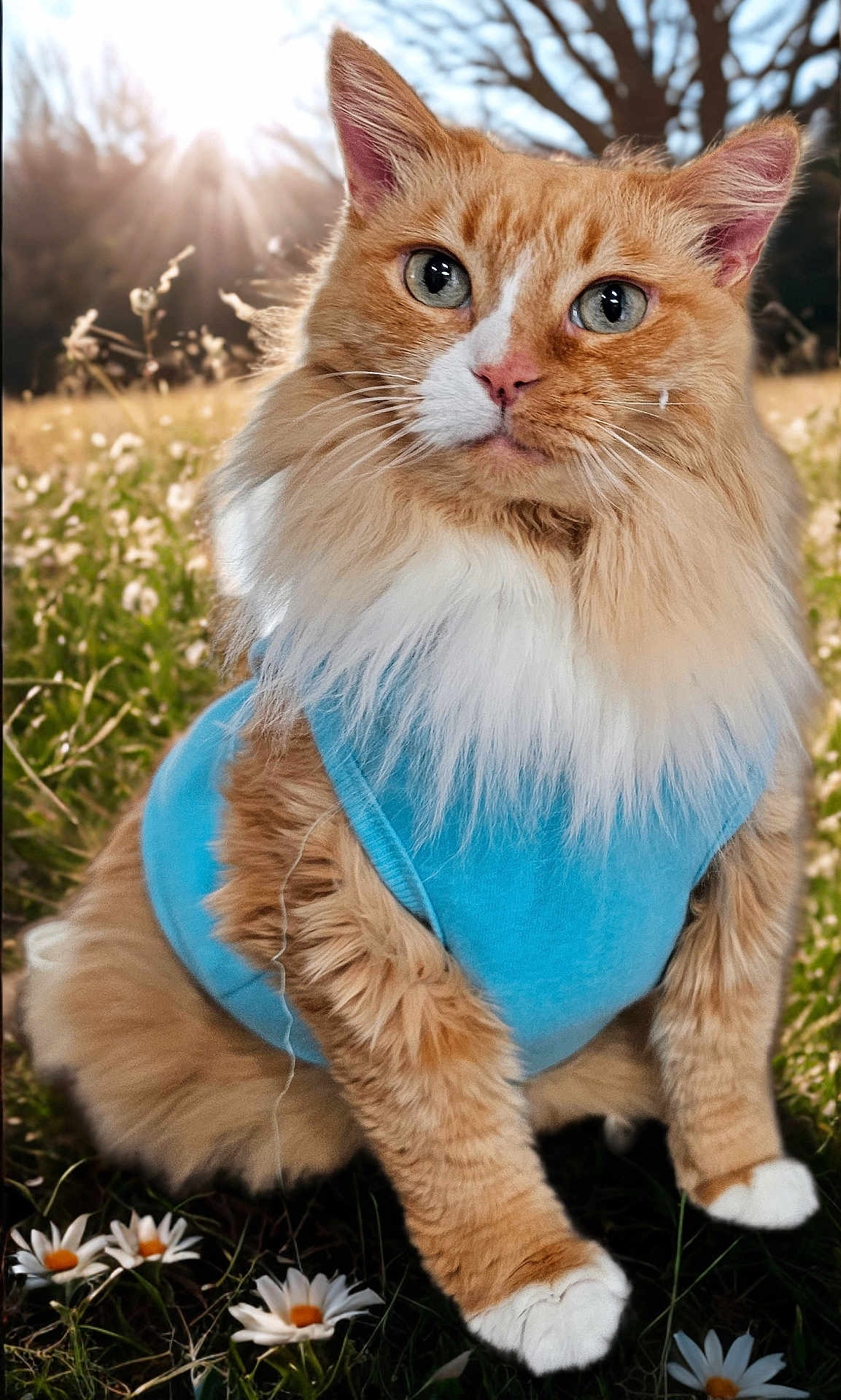 Carlos Santana joined the competition — help win amazing prizes! cat, orange_cat, white_fur, fluffy, blue_shirt, outdoor, meadow, daisies, sunlight, grass, nature, animal, pet, portrait, sitting, closeup, daylight, tree, background_blur, cute