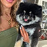 Baby is registered to the contest to win money with this photo: woman, dog, pomeranian, smiling, indoor, furniture, cabinet, decor, portrait, pet, fluffy, tongue_out, holding, necklace, green_clothing, hand, nail_polish, cute, happy, face