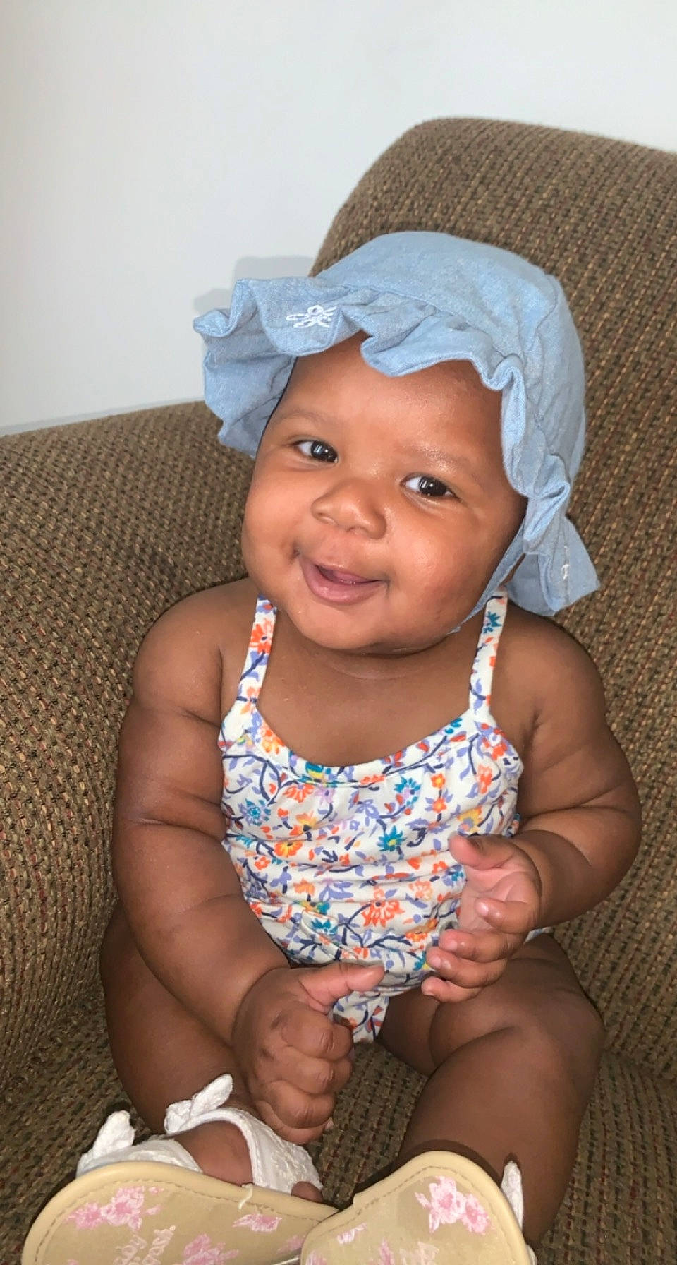 Lillyana is registered to the contest to win money with this photo: arm, azure, baby_toddler_clothing, cheek, chin, eye, facial_expression, finger, flash_photography, hand, happy, headgear, headwear, human, iris, lip, mouth, person, pink, skin