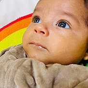 Valentino is registered to the contest to win money with this photo: baby, infant, face, eyes, blanket, soft, curious, portrait, closeup, child, cute, indoors, colorful, rainbow, warm, expression, head, skin, person, newborn