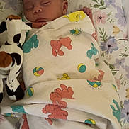 Thalia joined the competition — help win amazing prizes! baby, sleeping, blanket, toy, cow, floral_pattern, cushion, infant, peaceful, wrapped, colorful, soft_toy, lying_down, child, cute, indoors, cozy, resting, nursery, portrait