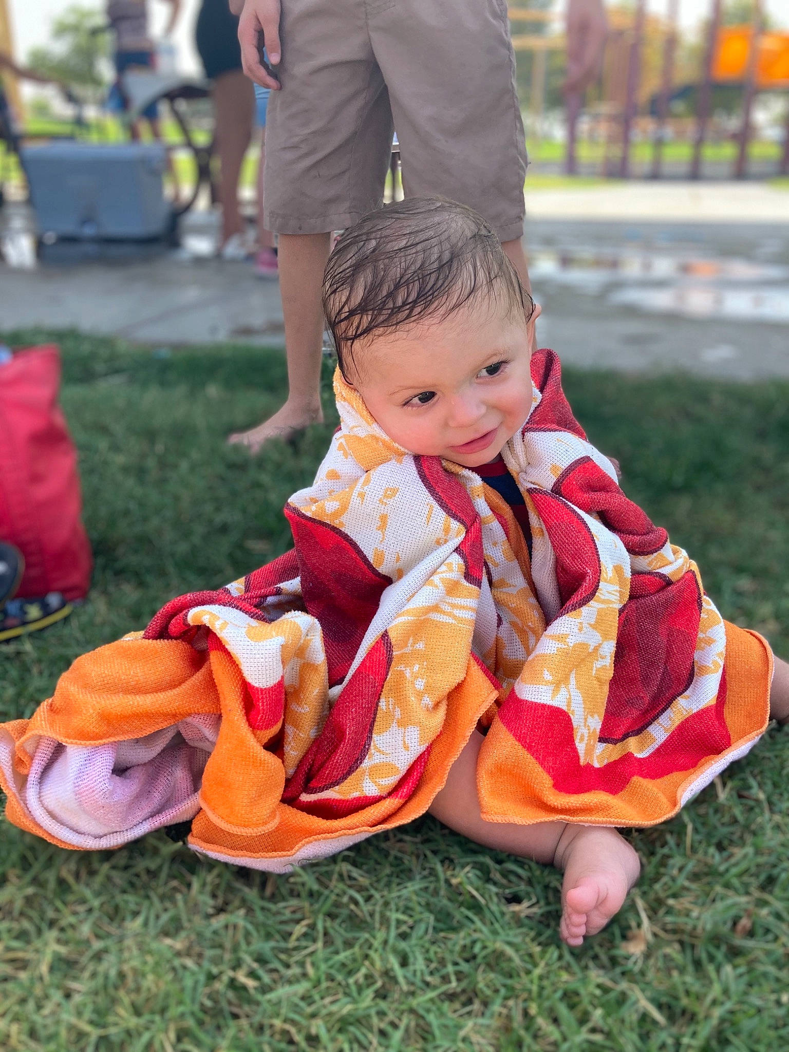 Larry joined the competition — help win amazing prizes! baby, child, grass, orange, person, play, sitting, toddler