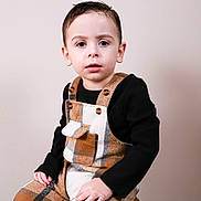 Blaine joined the competition — help win amazing prizes! child, toddler, boy, plaid_overalls, black_shirt, stool, indoor, portrait, serious_expression, short_hair, brown_hair, fashion, casual_clothing, sitting, floor, plain_background, young_child, cute, studio_photo, person