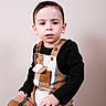 child, toddler, boy, plaid_overalls, black_shirt, stool, indoor, portrait, serious_expression, short_hair, brown_hair, fashion, casual_clothing, sitting, floor, plain_background, young_child, cute, studio_photo, person