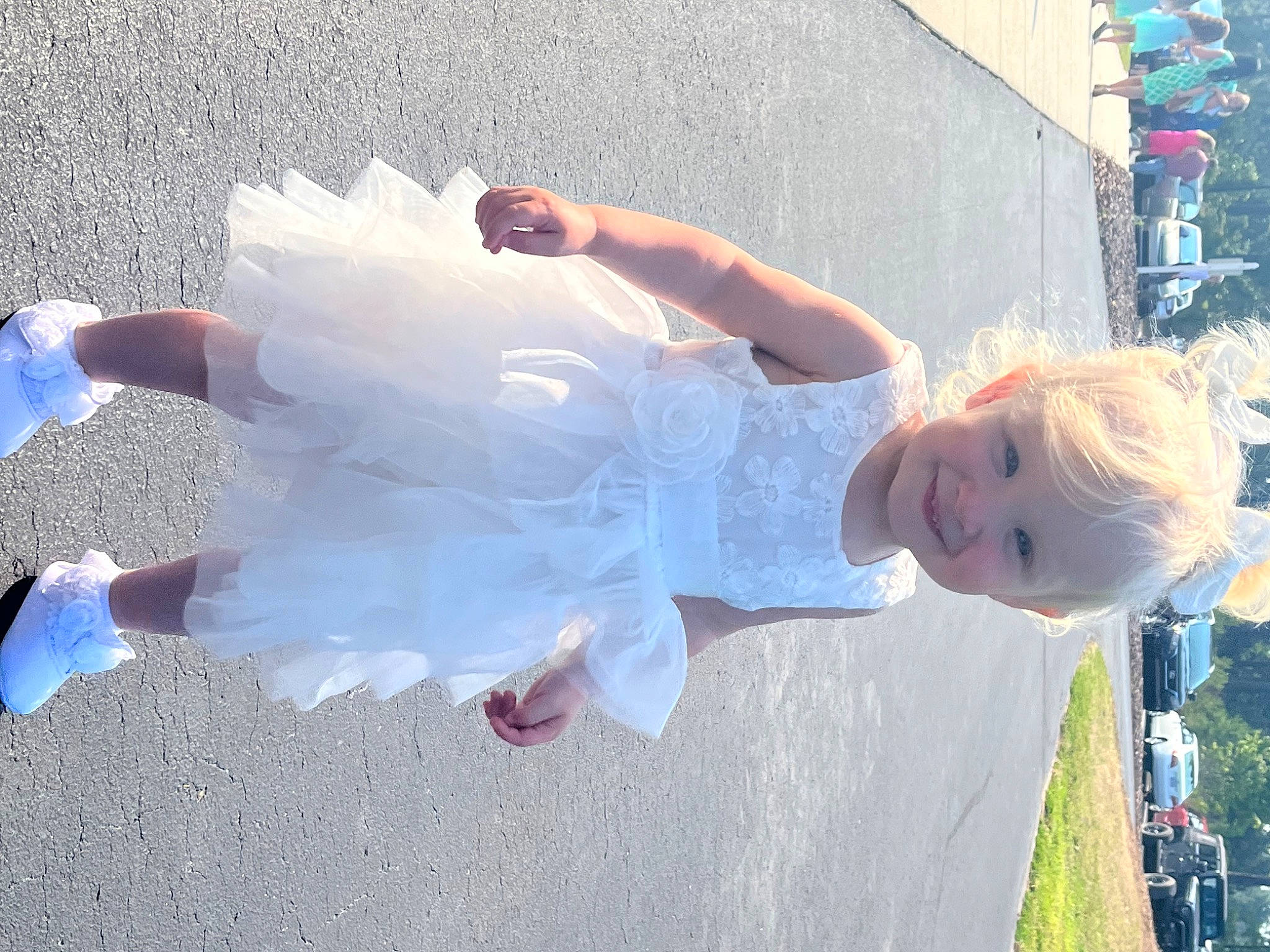 Blakely joined the competition — help win amazing prizes! baby, blue, car, child, city, fun, gesture, grass, happy, joy, leisure, person, pink, plant, shadow, smile, toddler, tree, vacation, water